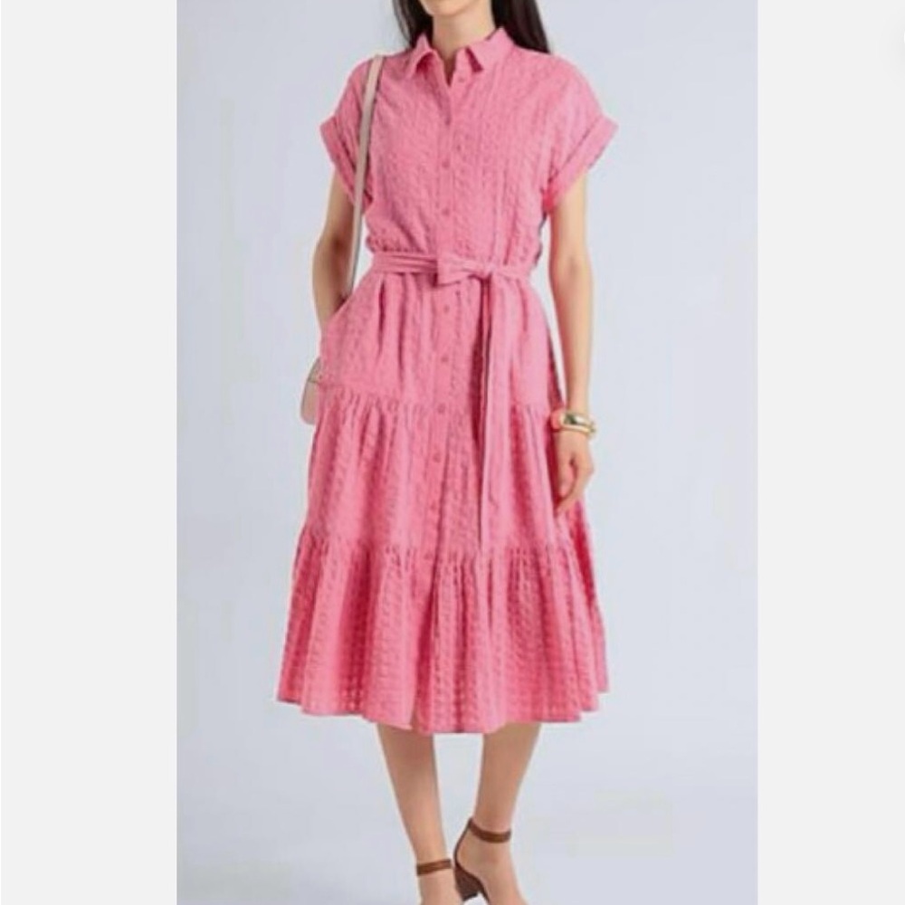 Lauren Ralph Lauren-Vilma pink collared tiered skirt belted midi dress.Size 18